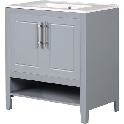 30" Bathroom Vanity with Sink, Multi-functional Bathroom Cabinet with Doors and Drawers, Solid Frame and MDF Board, Grey