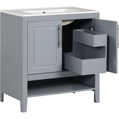 30" Bathroom Vanity with Sink, Multi-functional Bathroom Cabinet with Doors and Drawers, Solid Frame and MDF Board, Grey