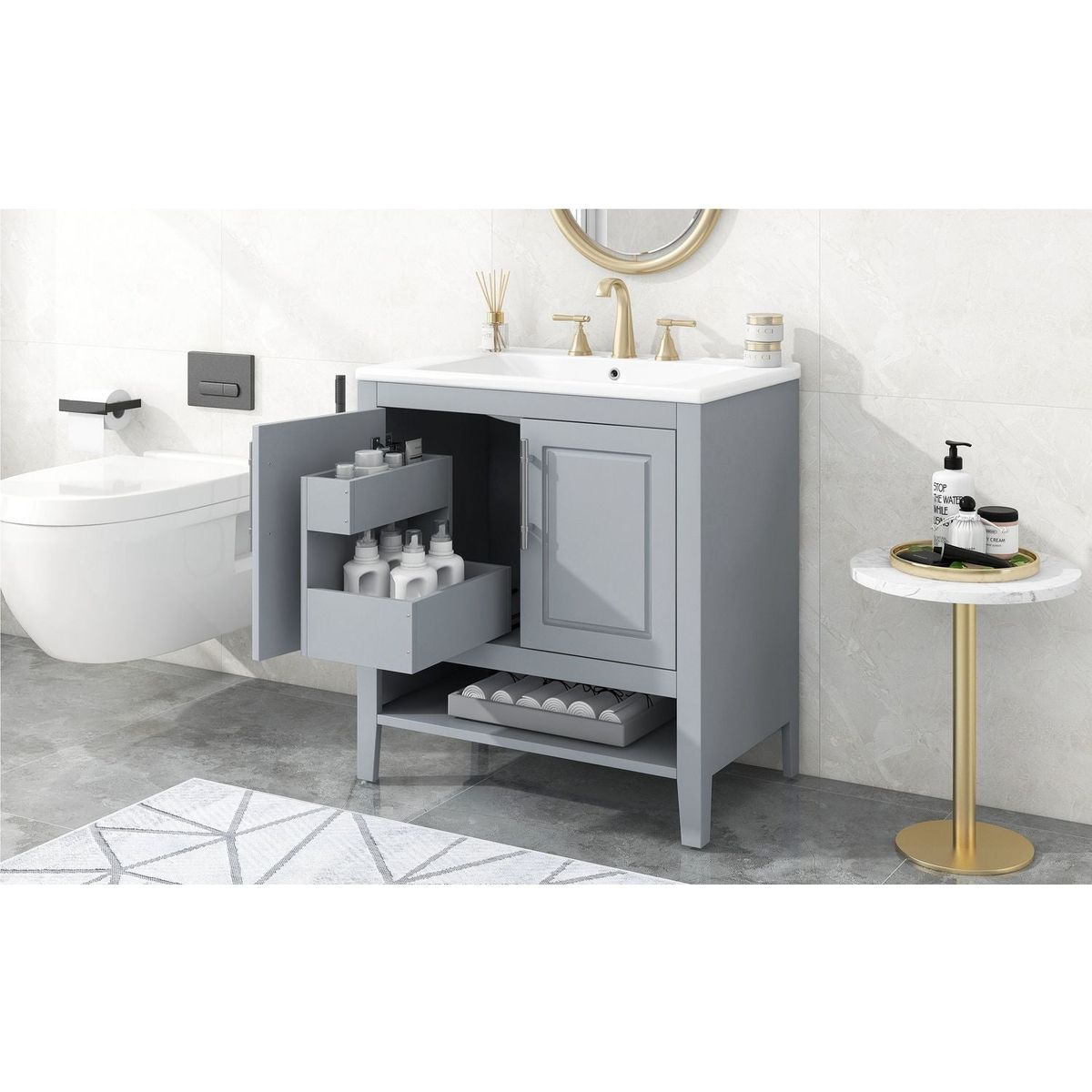 30" Bathroom Vanity with Sink, Multi-functional Bathroom Cabinet with Doors and Drawers, Solid Frame and MDF Board, Grey