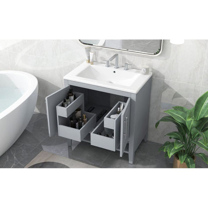 30" Bathroom Vanity with Sink, Multi-functional Bathroom Cabinet with Doors and Drawers, Solid Frame and MDF Board, Grey