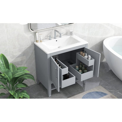 30" Bathroom Vanity with Sink, Multi-functional Bathroom Cabinet with Doors and Drawers, Solid Frame and MDF Board, Grey