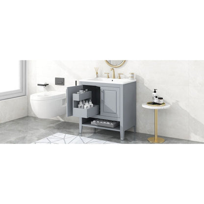 30" Bathroom Vanity with Sink, Multi-functional Bathroom Cabinet with Doors and Drawers, Solid Frame and MDF Board, Grey