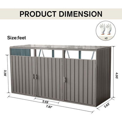 Garbage Bin Shed Stores 3 Trash Cans Metal Outdoor Bin Shed for Garbage Storage,Stainless Galvanized Steel, Bin Shed for Garden Yard Lawn,Grey