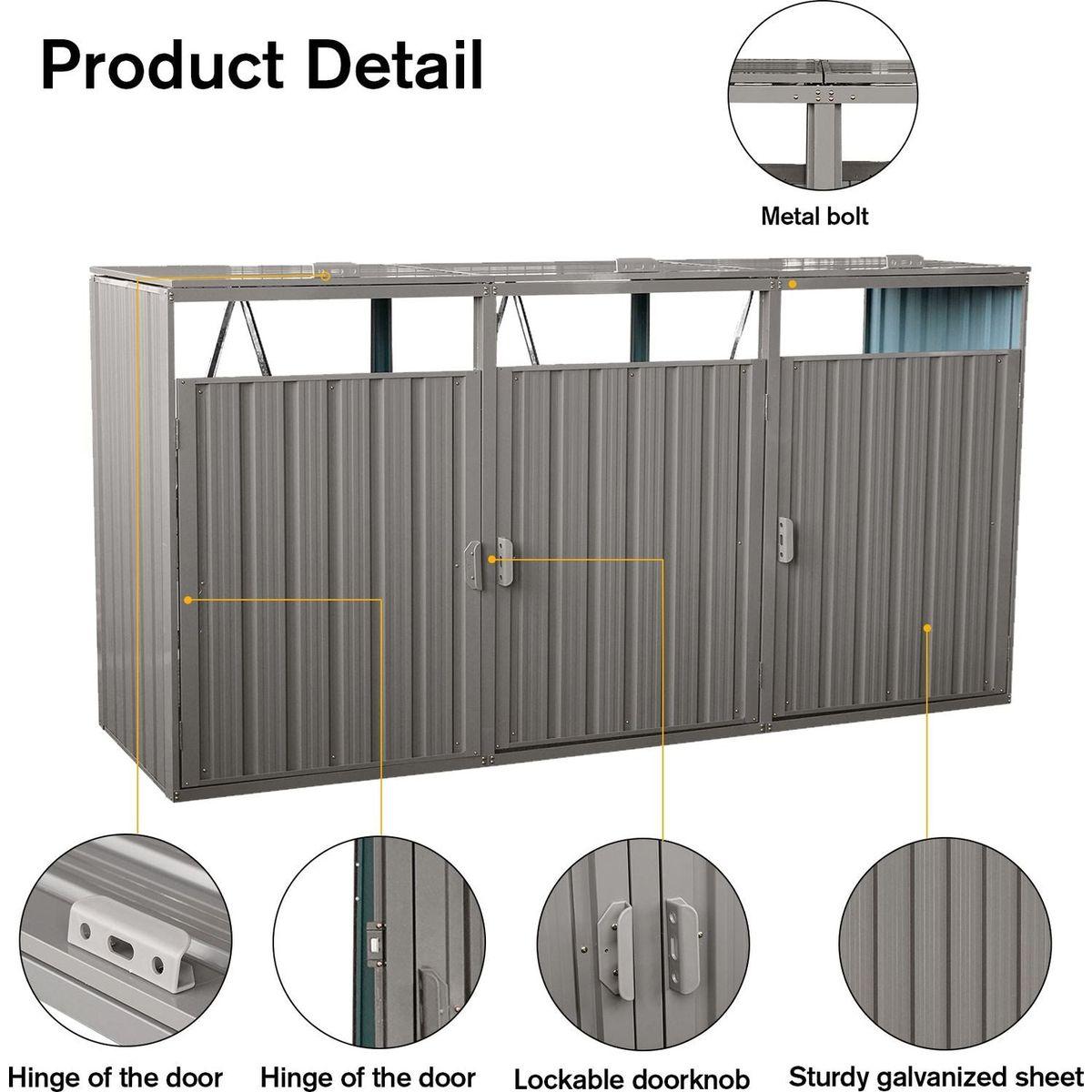 Garbage Bin Shed Stores 3 Trash Cans Metal Outdoor Bin Shed for Garbage Storage,Stainless Galvanized Steel, Bin Shed for Garden Yard Lawn,Grey