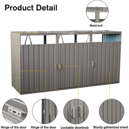 Garbage Bin Shed Stores 3 Trash Cans Metal Outdoor Bin Shed for Garbage Storage,Stainless Galvanized Steel, Bin Shed for Garden Yard Lawn,Grey