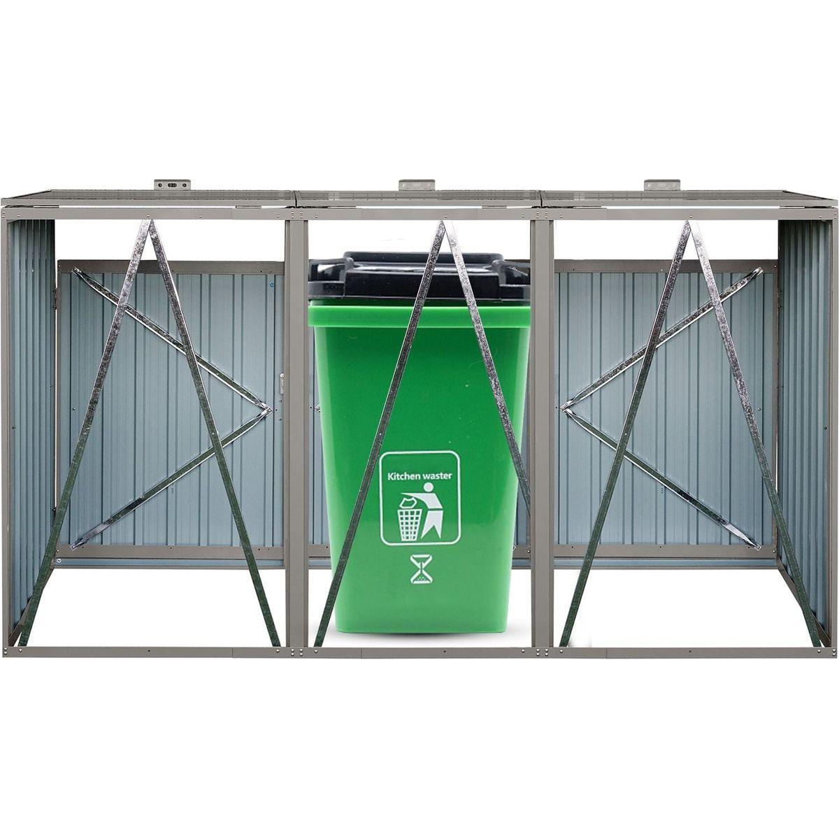 Garbage Bin Shed Stores 3 Trash Cans Metal Outdoor Bin Shed for Garbage Storage,Stainless Galvanized Steel, Bin Shed for Garden Yard Lawn,Grey
