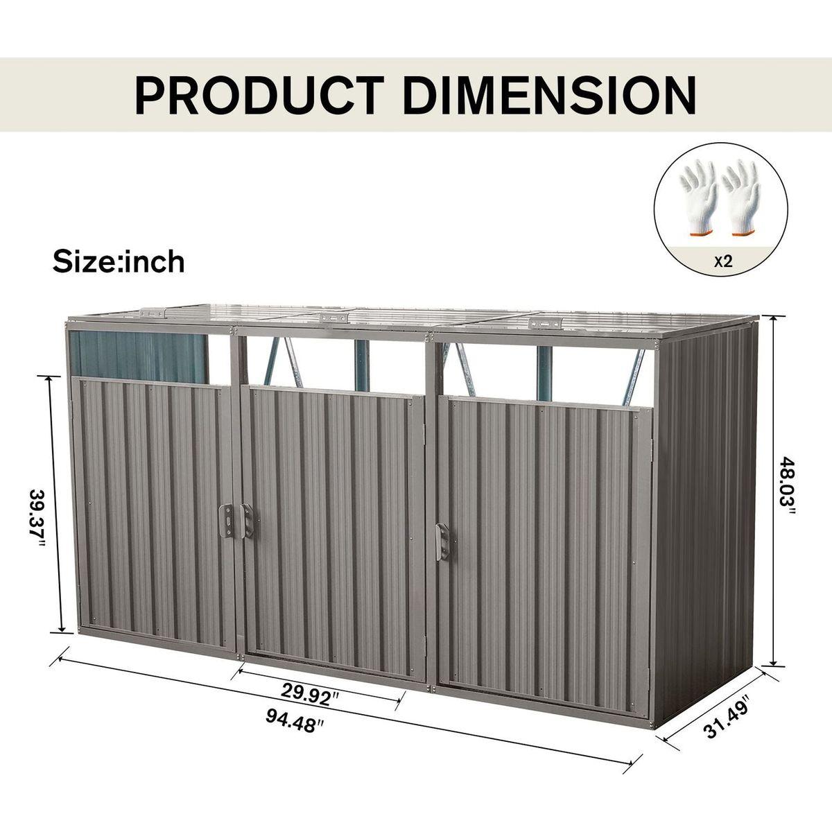 Garbage Bin Shed Stores 3 Trash Cans Metal Outdoor Bin Shed for Garbage Storage,Stainless Galvanized Steel, Bin Shed for Garden Yard Lawn,Grey