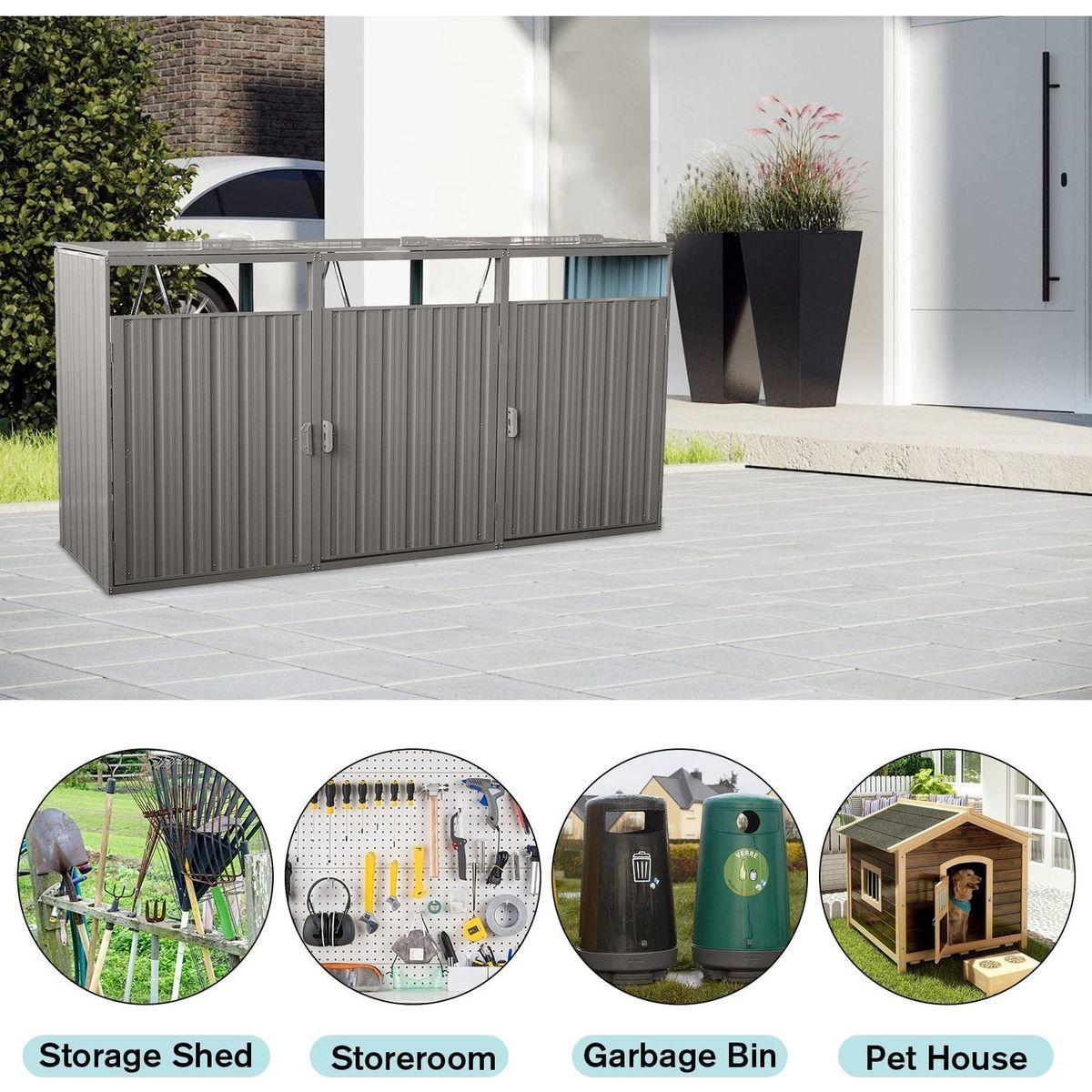 Garbage Bin Shed Stores 3 Trash Cans Metal Outdoor Bin Shed for Garbage Storage,Stainless Galvanized Steel, Bin Shed for Garden Yard Lawn,Grey