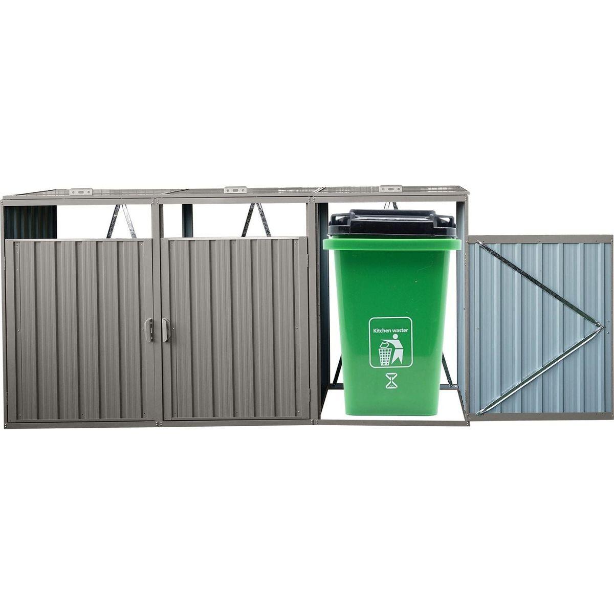 Garbage Bin Shed Stores 3 Trash Cans Metal Outdoor Bin Shed for Garbage Storage,Stainless Galvanized Steel, Bin Shed for Garden Yard Lawn,Grey
