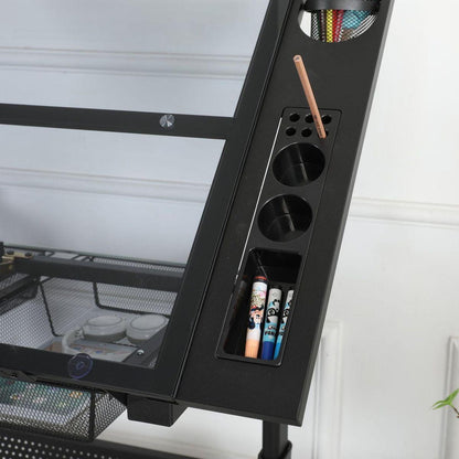 hand crank adjustable drafting table drawing desk with 2 metal drawers (BLACK)WITH STOOL