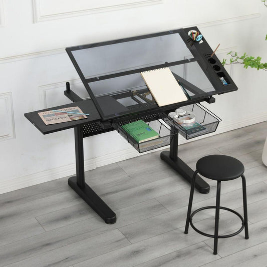 hand crank adjustable drafting table drawing desk with 2 metal drawers (BLACK)WITH STOOL