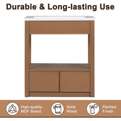 30" Bathroom Vanity without Sink Top, Cabinet Base Only, Open Storage Shelf and Two Drawers, Brown