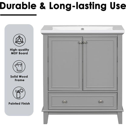 30" Bathroom Vanity without Sink, Base Only, Multi-functional Bathroom Cabinet with Doors and Drawer, Solid Frame and MDF Board, Grey