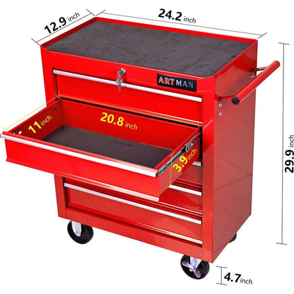 5 DRAWERS MULTIFUNCTIONAL TOOL CART WITH WHEELS-RED