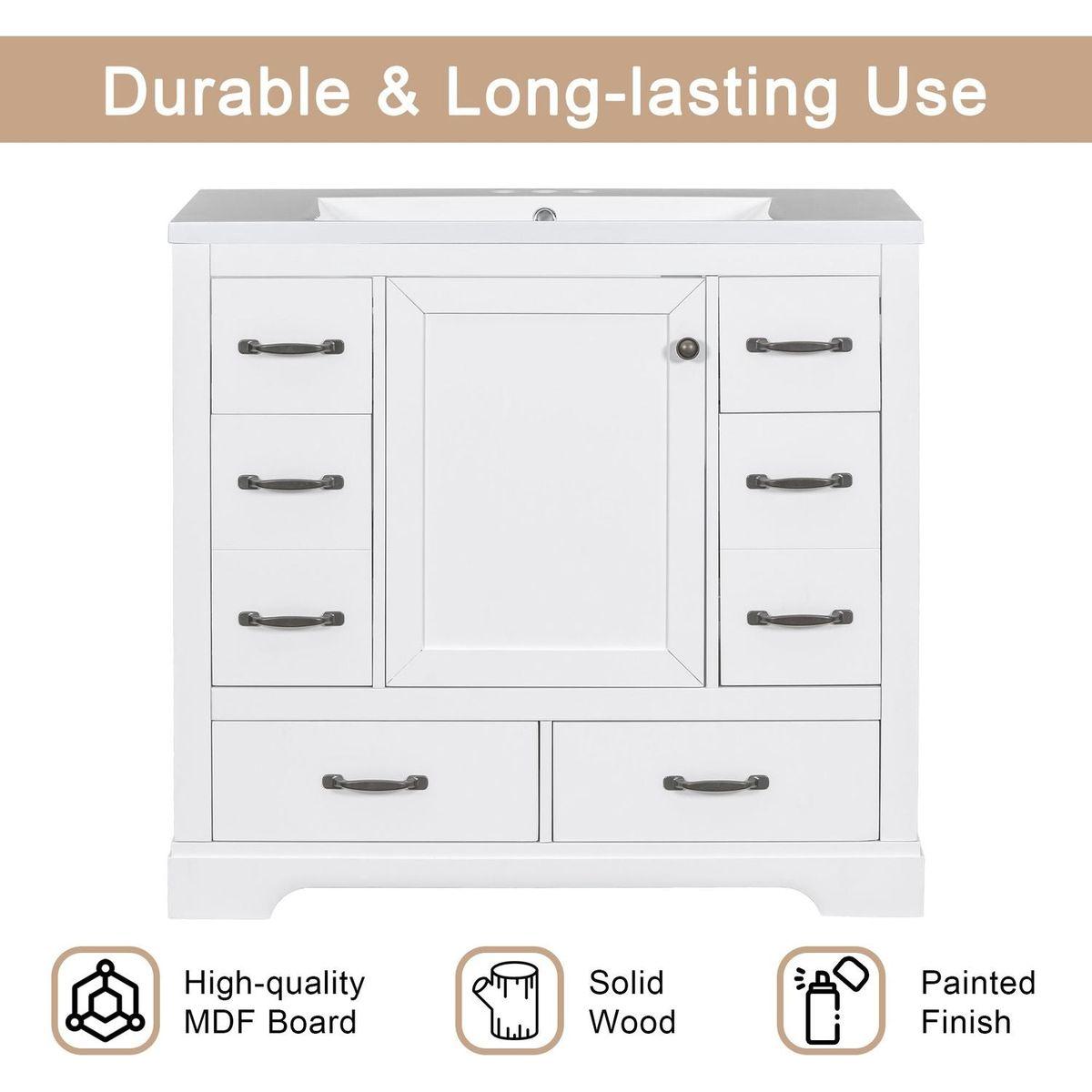 36" Bathroom Vanity with Sink Combo, Six Drawers, Multi-Functional Drawer Divider, Adjustable Shelf, White