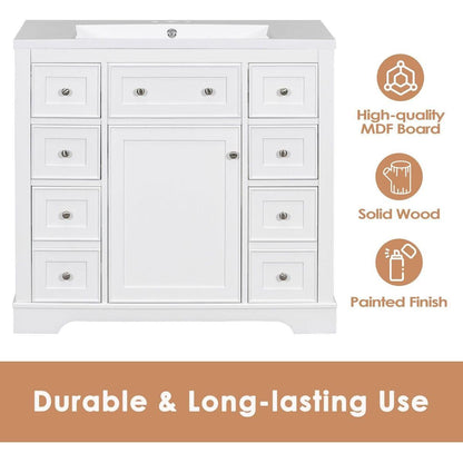 36" Bathroom Vanity without Sink, Cabinet Base Only, Six Drawers, Multi-Functional Drawer Divider, Adjustable Shelf, White