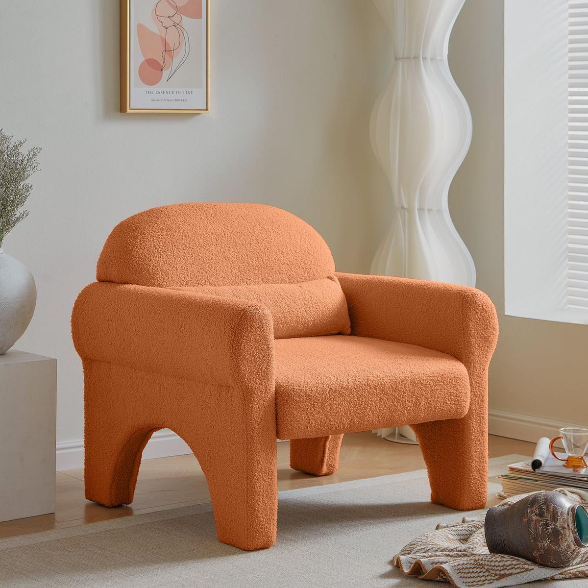 modern boucle accent chair with lumbar pillow for living room