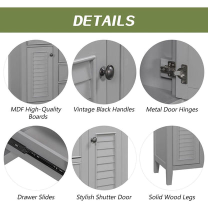 36" Bathroom Vanity without Sink, Cabinet Base Only, Two Cabinets and Five Drawers, Solid Wood Frame, Grey