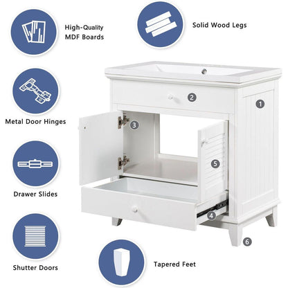 30" Bathroom Vanity with Sink, Bathroom Cabinet with Two Doors and One Drawer, White