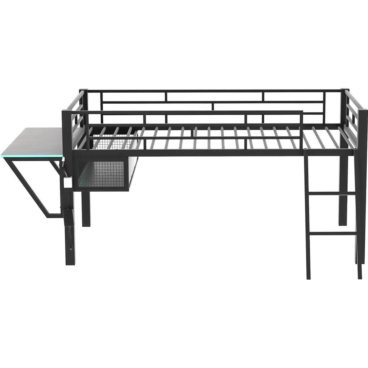 Gaming mid loft bed with desk, LED, Twin, Black