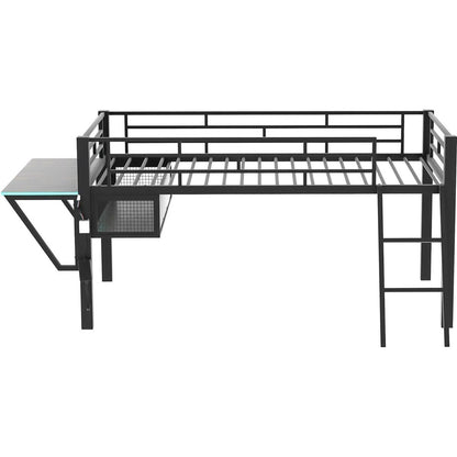 Gaming mid loft bed with desk, LED, Twin, Black