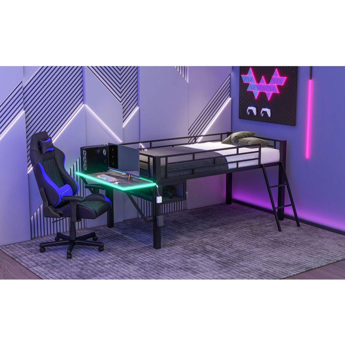 Gaming mid loft bed with desk, LED, Twin, Black