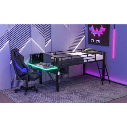 Gaming mid loft bed with desk, LED, Twin, Black