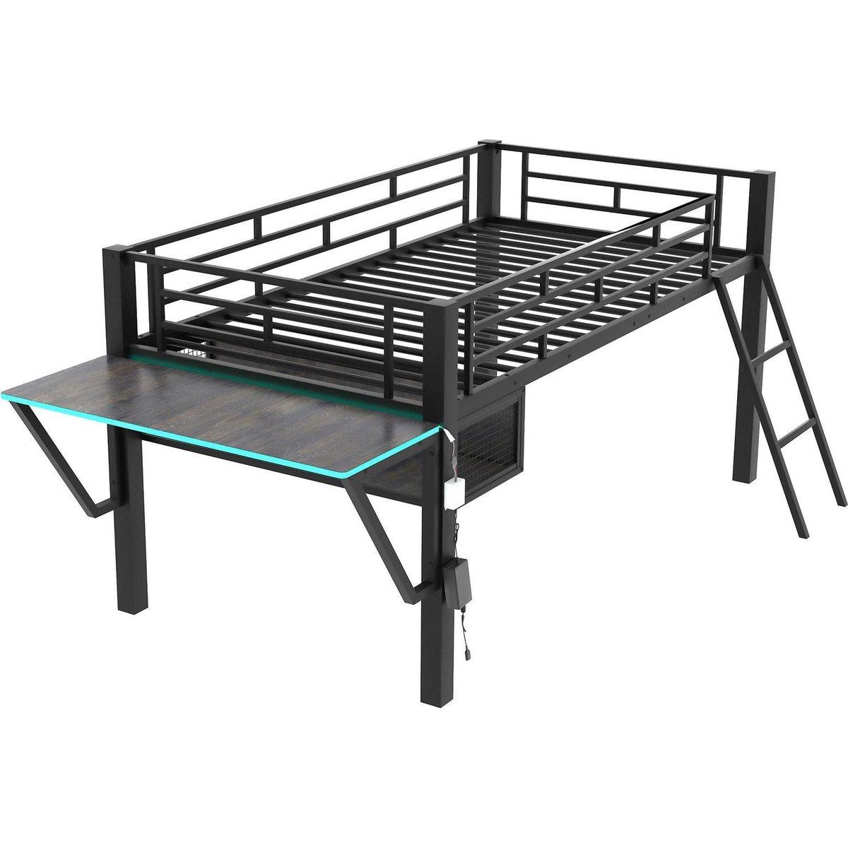 Gaming mid loft bed with desk, LED, Twin, Black