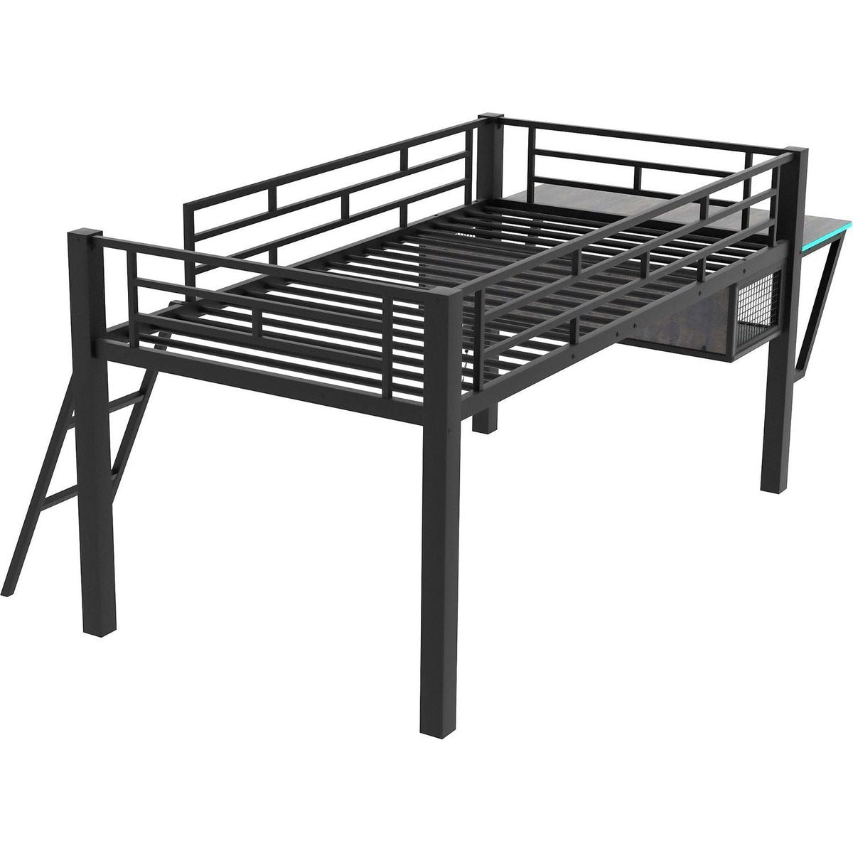 Gaming mid loft bed with desk, LED, Twin, Black