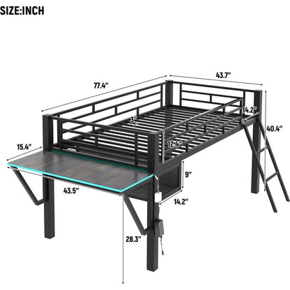 Gaming mid loft bed with desk, LED, Twin, Black