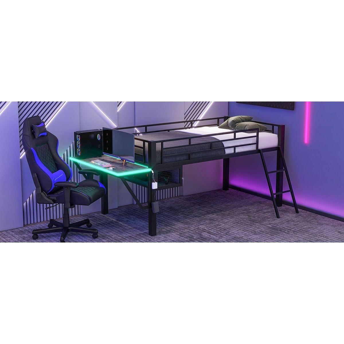 Gaming mid loft bed with desk, LED, Twin, Black