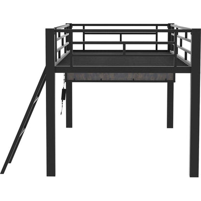 Gaming mid loft bed with desk, LED, Twin, Black