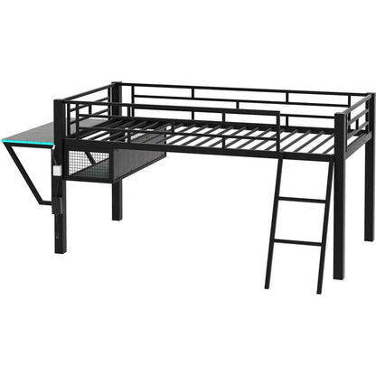 Gaming mid loft bed with desk, LED, Twin, Black