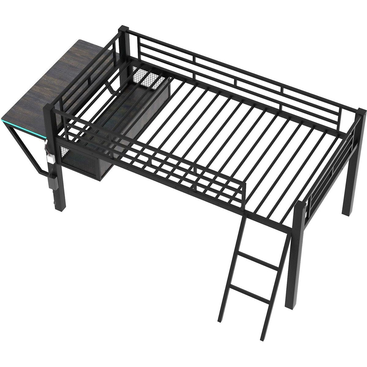 Gaming mid loft bed with desk, LED, Twin, Black