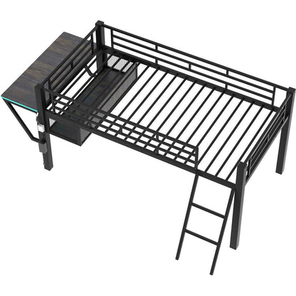 Gaming mid loft bed with desk, LED, Twin, Black