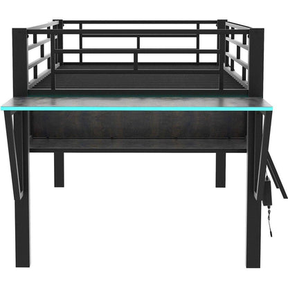Gaming mid loft bed with desk, LED, Twin, Black