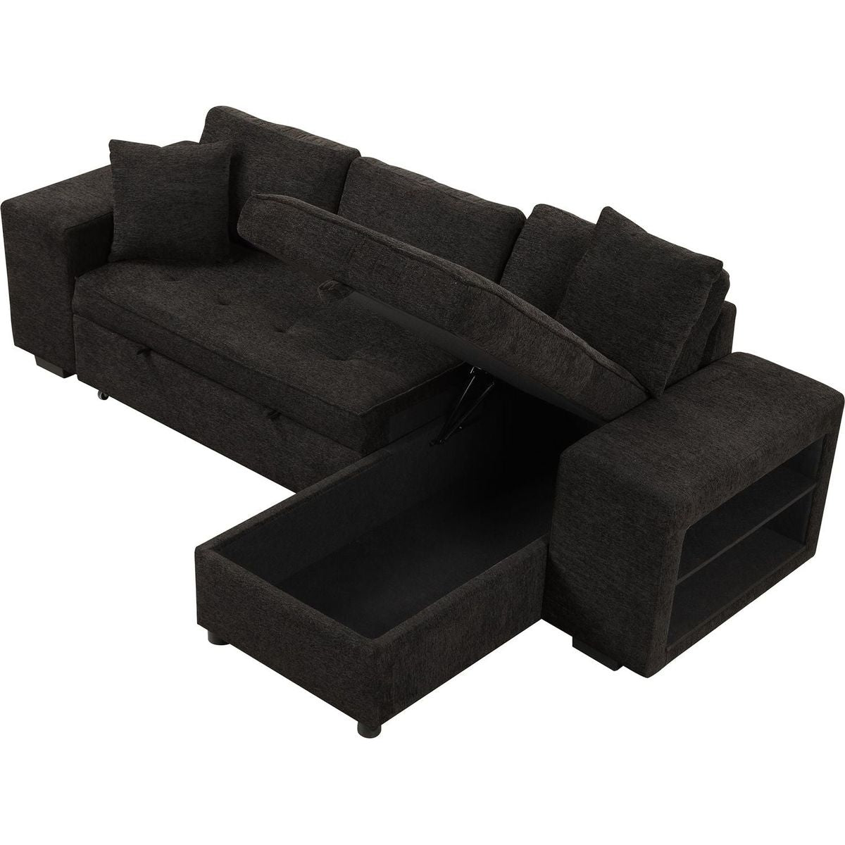 104" Modern L-Shape 3 Seat Reversible Sectional Couch, Pull Out Sleeper Sofa with Storage Chaise and 2 Stools for Living Room Furniture Set, Charcoal Grey - Streamdale Furniture