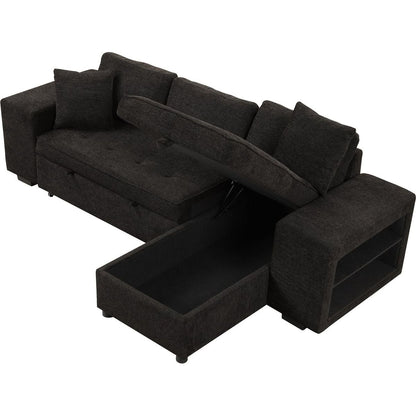104" Modern L-Shape 3 Seat Reversible Sectional Couch, Pull Out Sleeper Sofa with Storage Chaise and 2 Stools for Living Room Furniture Set, Charcoal Grey - Streamdale Furniture