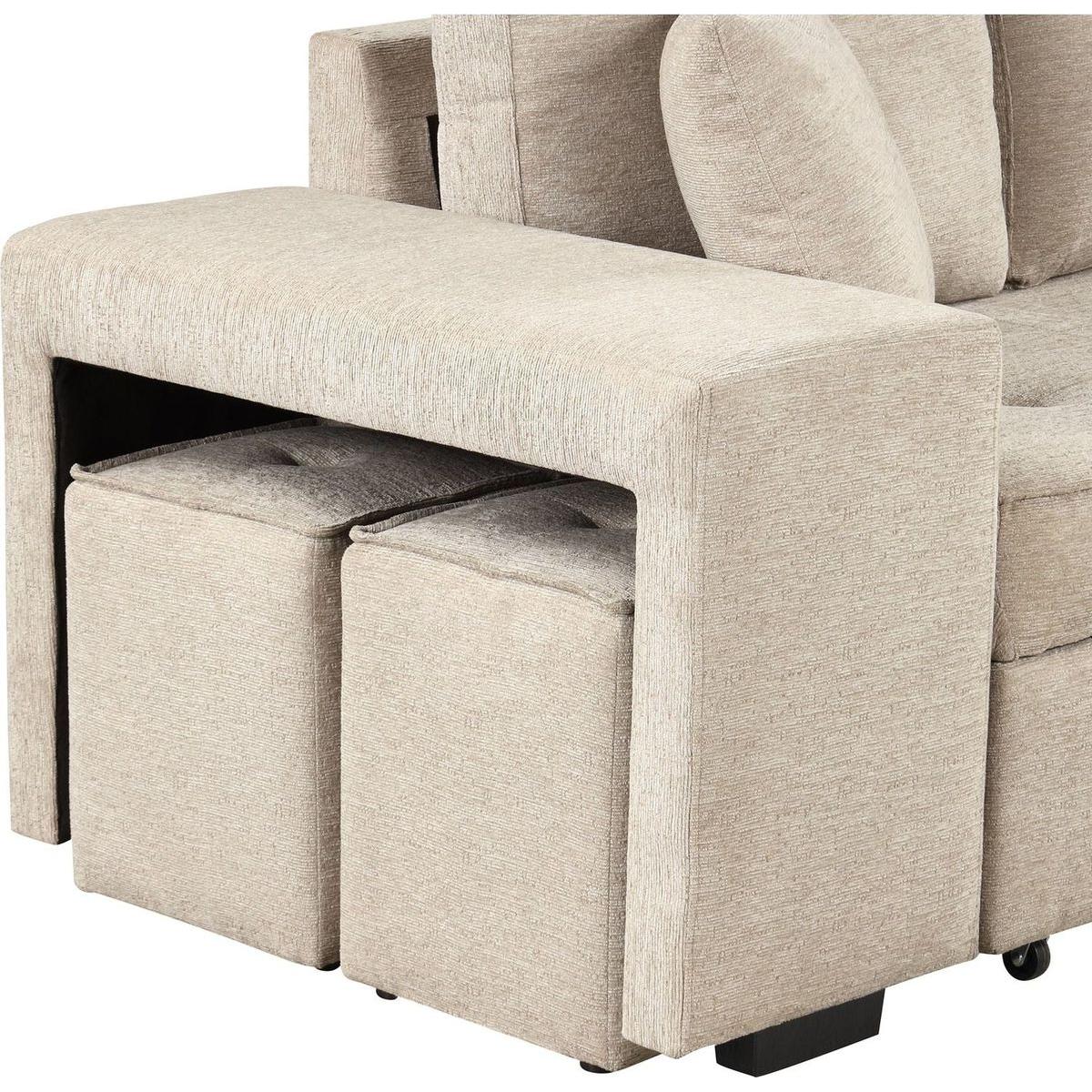 104" Modern L-Shape 3 Seat Reversible Sectional Couch, Pull Out Sleeper Sofa with Storage Chaise and 2 Stools for Living Room Furniture Set, Cream