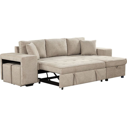 104" Modern L-Shape 3 Seat Reversible Sectional Couch, Pull Out Sleeper Sofa with Storage Chaise and 2 Stools for Living Room Furniture Set, Cream
