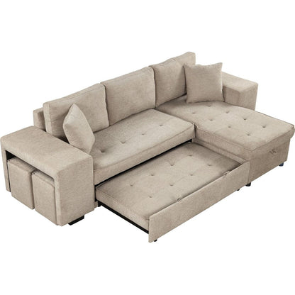 104" Modern L-Shape 3 Seat Reversible Sectional Couch, Pull Out Sleeper Sofa with Storage Chaise and 2 Stools for Living Room Furniture Set, Cream