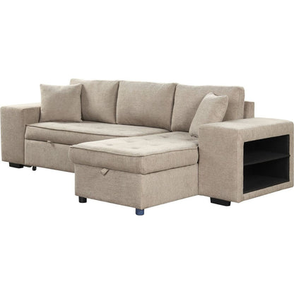 104" Modern L-Shape 3 Seat Reversible Sectional Couch, Pull Out Sleeper Sofa with Storage Chaise and 2 Stools for Living Room Furniture Set, Cream