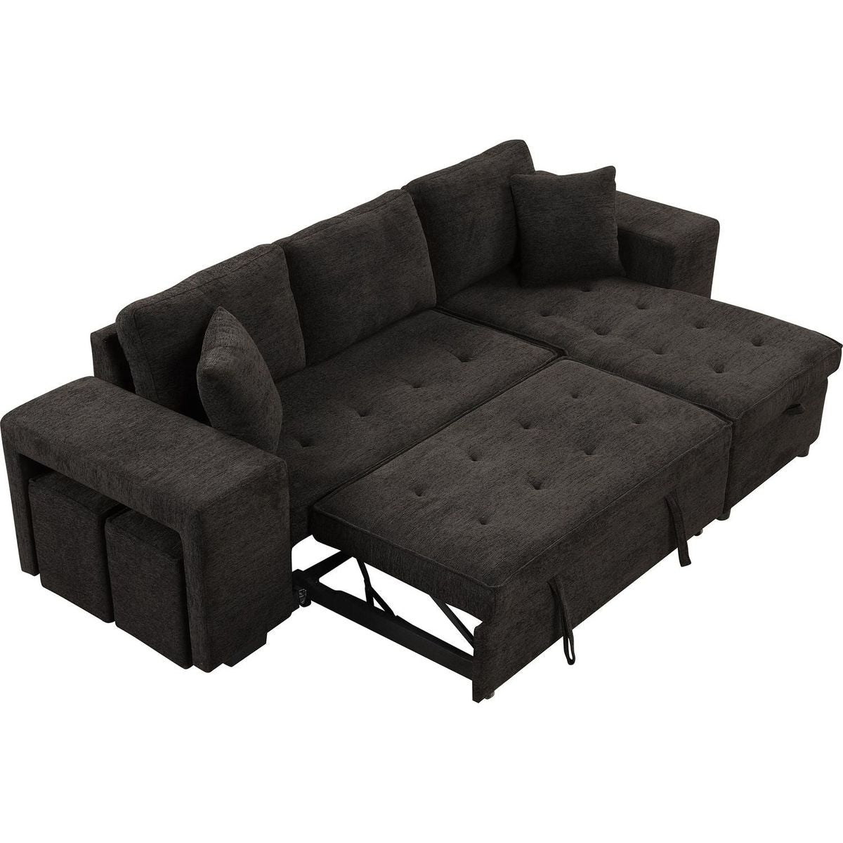 104" Modern L-Shape 3 Seat Reversible Sectional Couch, Pull Out Sleeper Sofa with Storage Chaise and 2 Stools for Living Room Furniture Set, Charcoal Grey - Streamdale Furniture