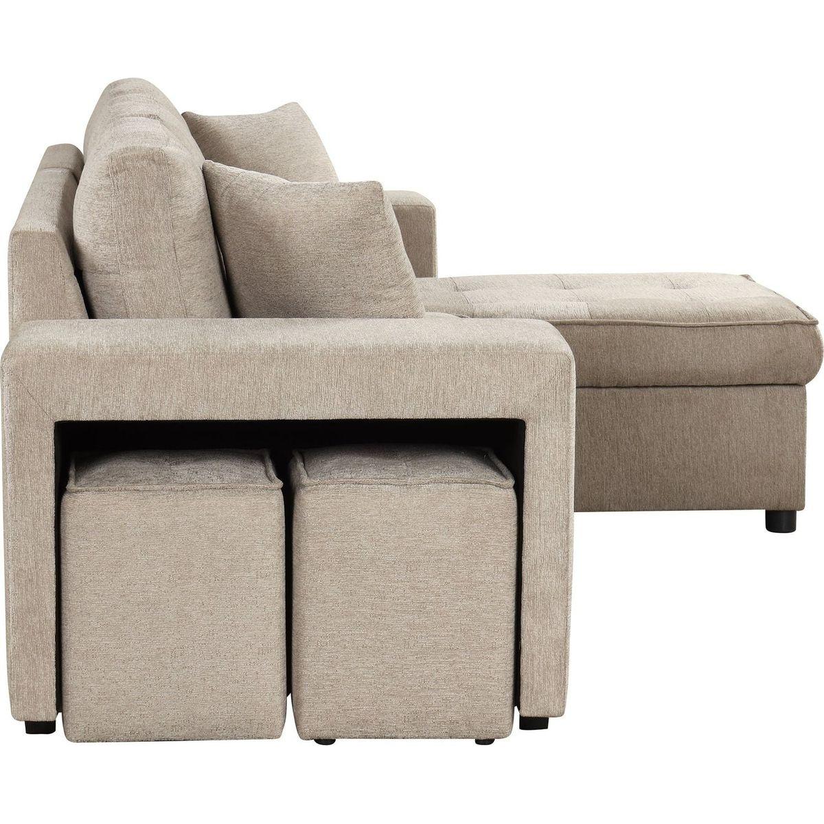 104" Modern L-Shape 3 Seat Reversible Sectional Couch, Pull Out Sleeper Sofa with Storage Chaise and 2 Stools for Living Room Furniture Set, Cream