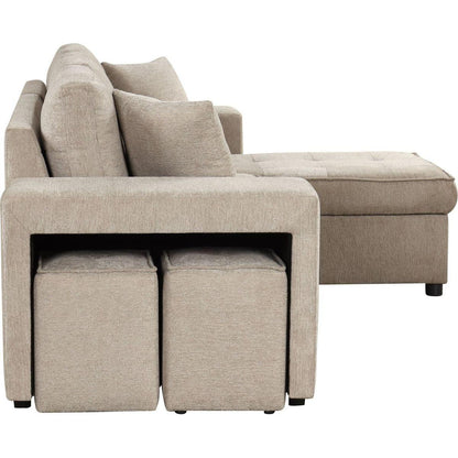 104" Modern L-Shape 3 Seat Reversible Sectional Couch, Pull Out Sleeper Sofa with Storage Chaise and 2 Stools for Living Room Furniture Set, Cream