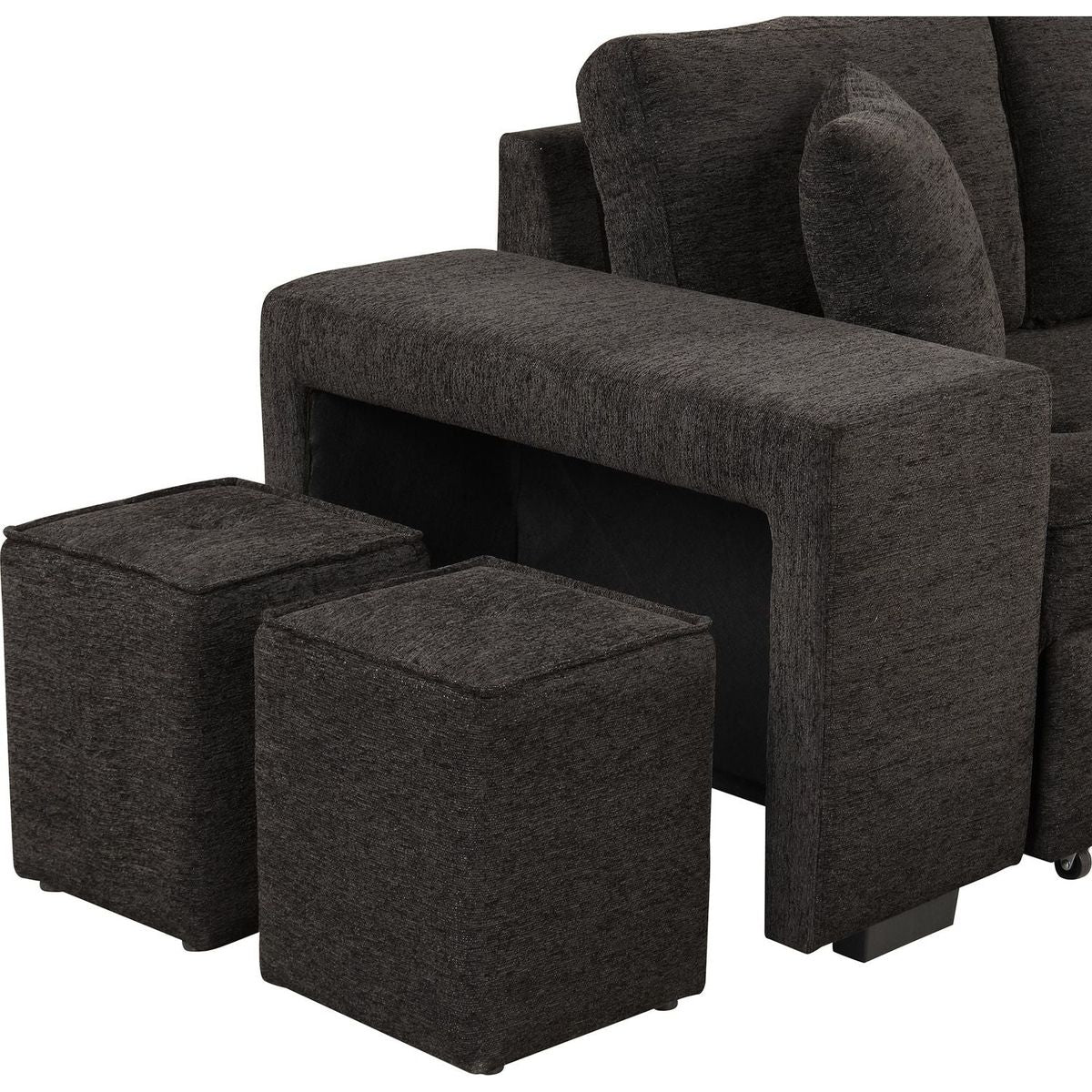 104" Modern L-Shape 3 Seat Reversible Sectional Couch, Pull Out Sleeper Sofa with Storage Chaise and 2 Stools for Living Room Furniture Set, Charcoal Grey - Streamdale Furniture