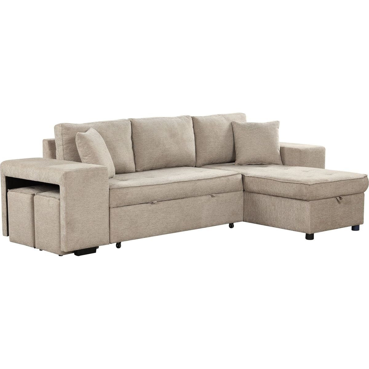 104" Modern L-Shape 3 Seat Reversible Sectional Couch, Pull Out Sleeper Sofa with Storage Chaise and 2 Stools for Living Room Furniture Set, Cream