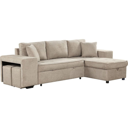104" Modern L-Shape 3 Seat Reversible Sectional Couch, Pull Out Sleeper Sofa with Storage Chaise and 2 Stools for Living Room Furniture Set, Cream