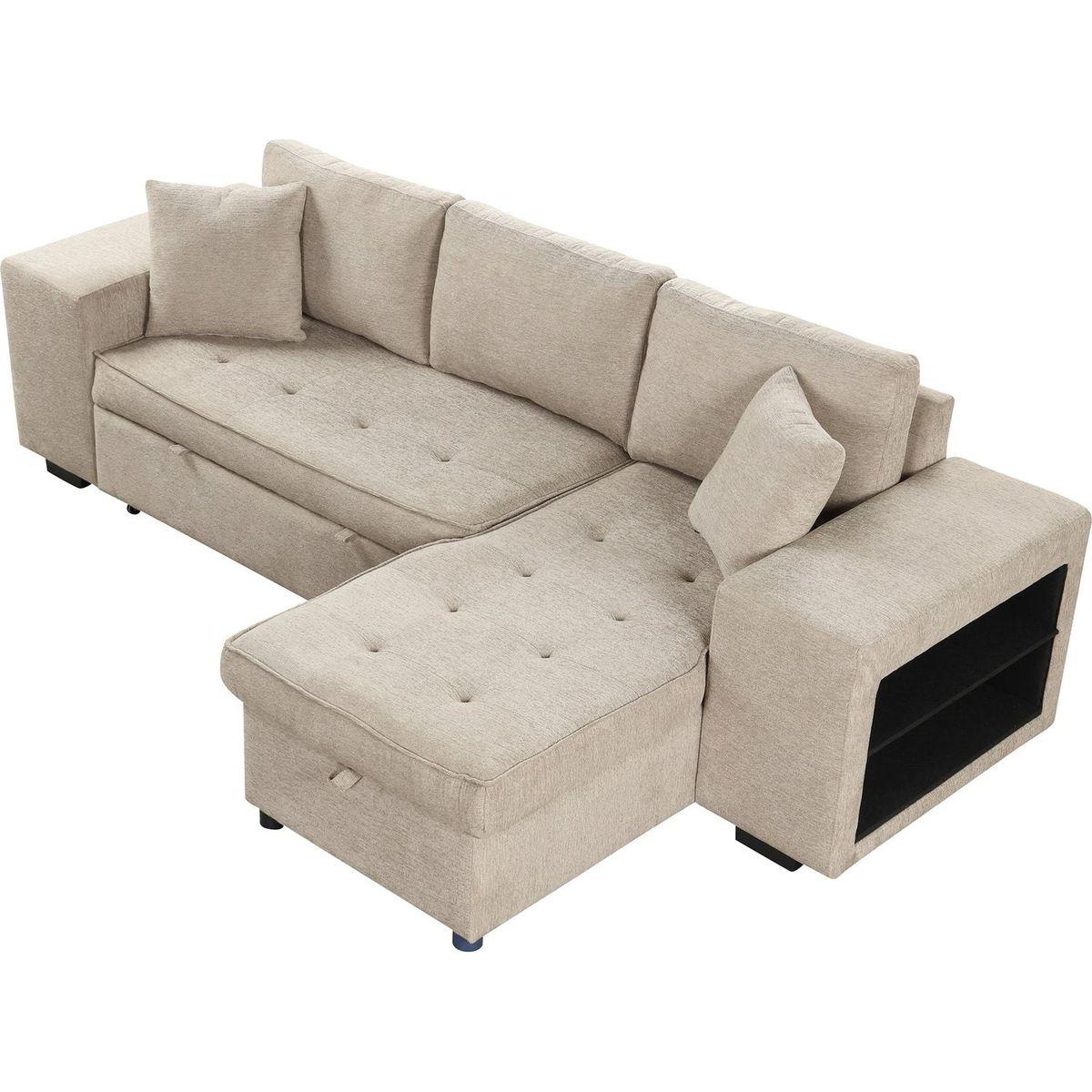 104" Modern L-Shape 3 Seat Reversible Sectional Couch, Pull Out Sleeper Sofa with Storage Chaise and 2 Stools for Living Room Furniture Set, Cream
