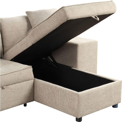 104" Modern L-Shape 3 Seat Reversible Sectional Couch, Pull Out Sleeper Sofa with Storage Chaise and 2 Stools for Living Room Furniture Set, Cream